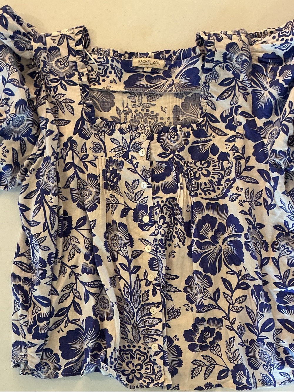 Rachel Zoe Cream and Blue Floral Button-Front Blouse
